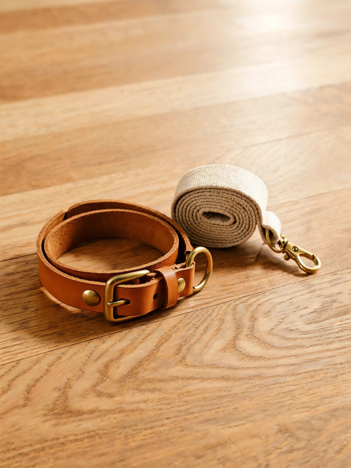 Leather collar with brass hardware beside a rolled canvas lead on an oak floor